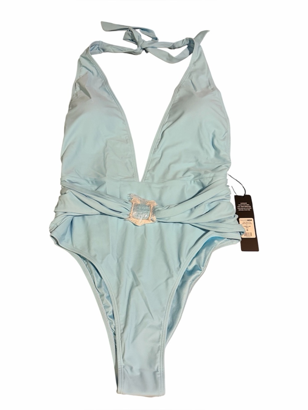 New! FASHION NOVA Skaia Sky Blue Halter 1-Piece Swimsuit, Medium